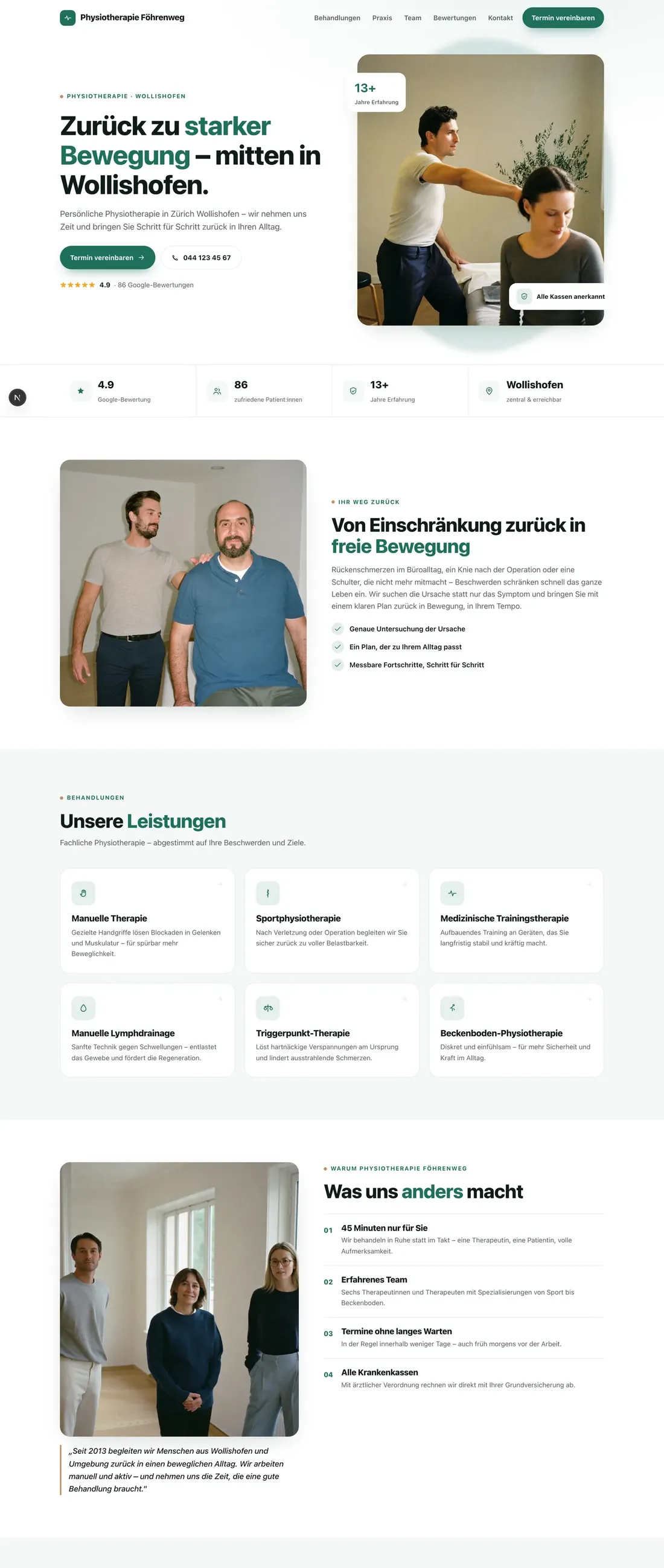 Beispiel-Website einer Physiotherapie-Praxis (Hell und aufgeräumt) – Ansicht am Computer