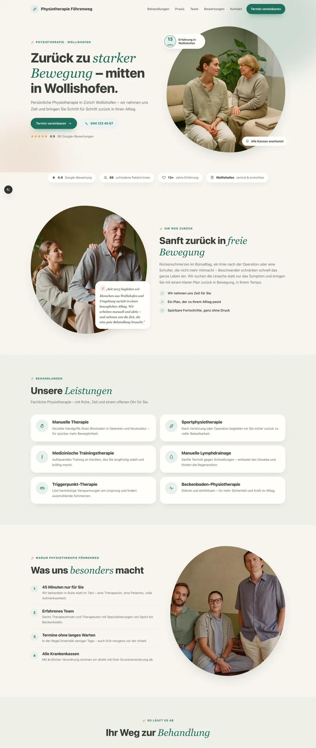 Beispiel-Website einer Physiotherapie-Praxis (Ruhig und weich) – Ansicht am Computer